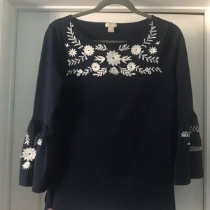 J Crew navy top with bell sleeves